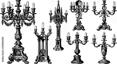 Bild auf Leinwand Vintage engraving set of ornate Halloween candelabras with flickering candleligh