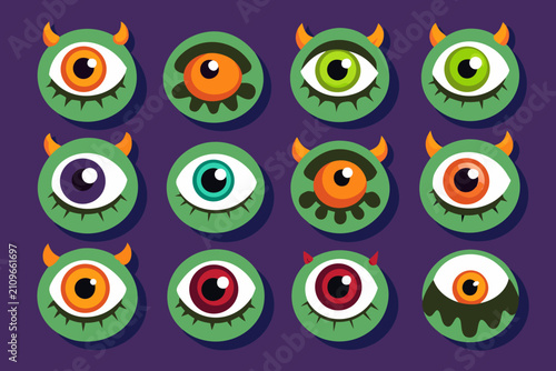 Set of cartoon monster eyes with different colors and expressions