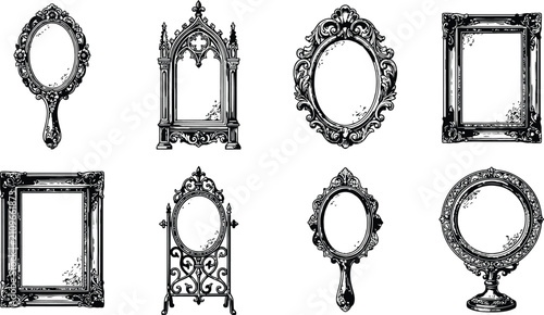 Vintage Halloween engraving collection of ornate black mirrors on white background with copy space for design