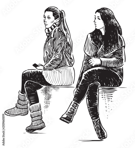 Two casual young city girls sitting on park bench resting, realistic hand drawn illustration isolated on white background