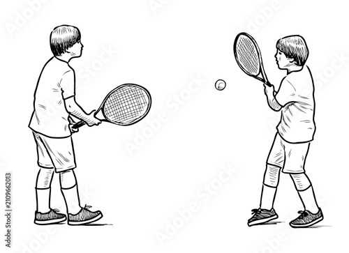 Two little boys playing tennis, realistic sketch, vector hand drawn illustration