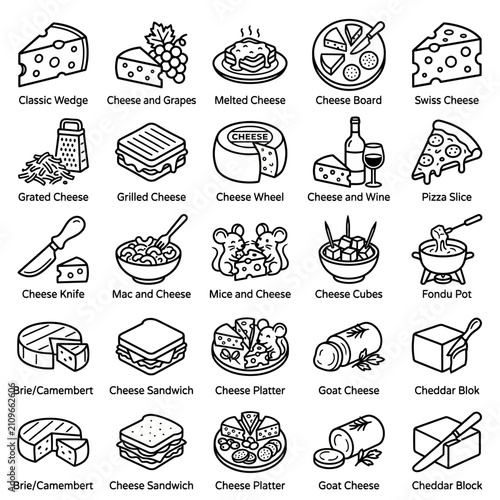 Cheese Icons Set: Variety of Cheeses, Dishes, and Accessories - Vector Illustration