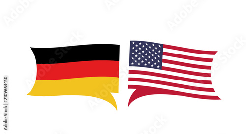 Speech bubble icons with German and American national flags.