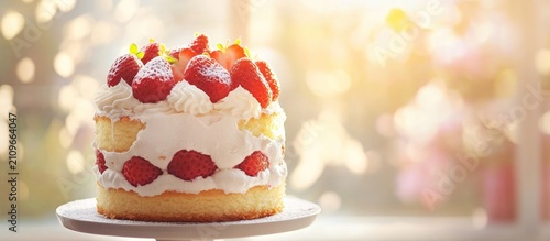 Delicious strawberry shortcake on a cake stand, near a window with bokeh background.