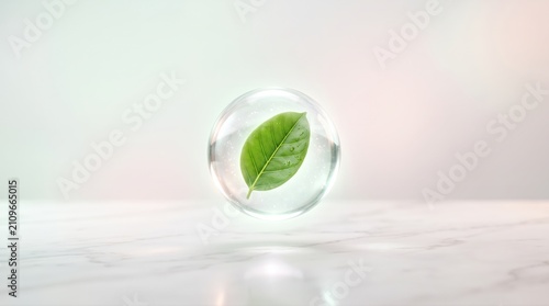 Green Leaf Inside a Glass Sphere on a Light Background Displaying Nature and Purity Concepts
