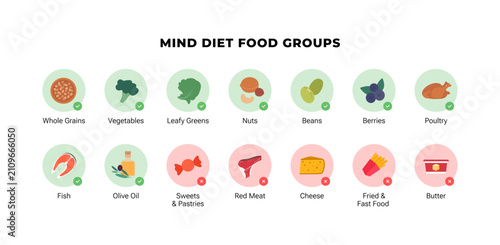MIND diet food groups infographic. Flat vector illustration of brain health nutrition. Good and bad products icon set with vegetables, berries, meat and fast food isolated on white background.