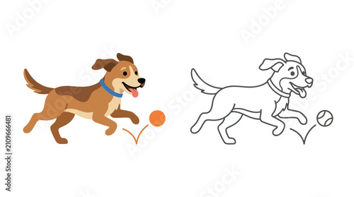 Running dog with ball vector illustration with black and white outline version
