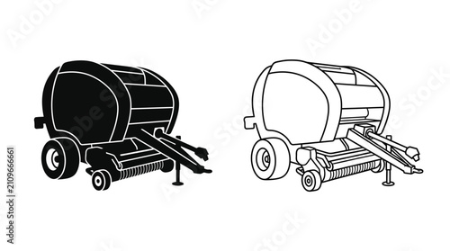 фотографія Hay baler silhouette and line drawing on a white background