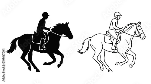 Fotografie Horse rider Silhouette On White Background Equestrian Sport Illustration