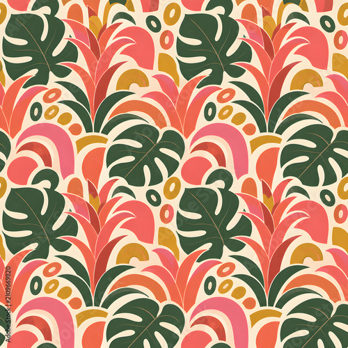 Tropical bromeliad groovy seamless pattern with retro botanical shapes
