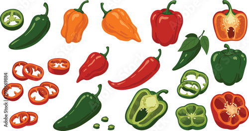 A collection of colorful fresh chili peppers and bell peppers including whole sliced and halved varieties isolated on white background