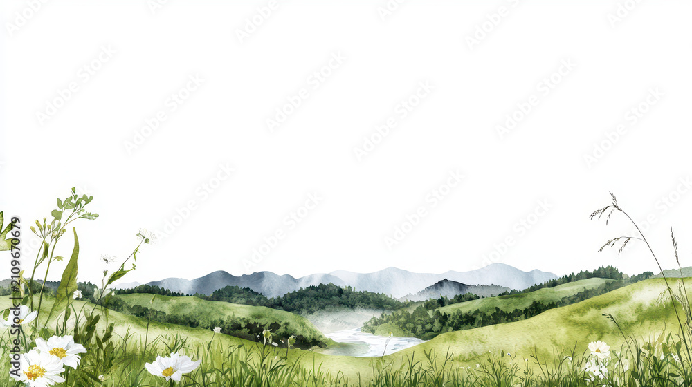 Obraz premium Serene watercolor landscape featuring rolling green hills, distant mountains, and wildflowers in foreground, evoking tranquility and nature beauty