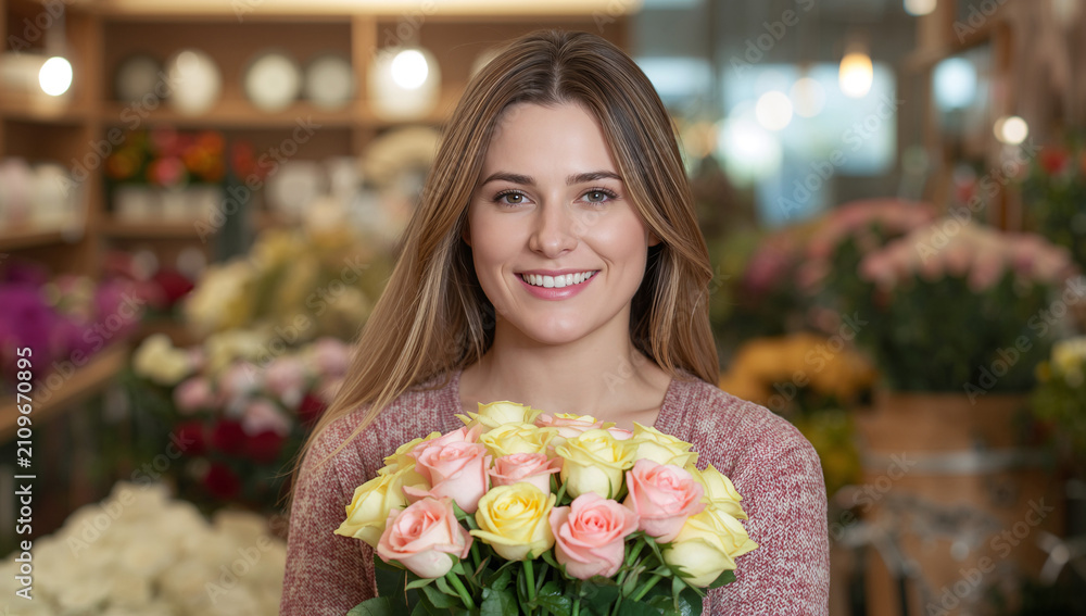 Fototapeta premium 色鮮やかな生花が並ぶ花屋でパステルカラーのバラの花束を大切そうに抱えて微笑む外国女性