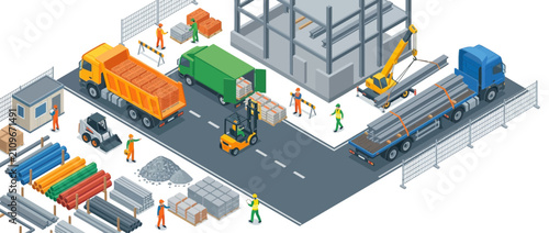 Isometric Construction Site with Trucks and Workers