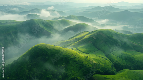 Panoramic aerial view of lush green mountain terraces shrouded in morning mist
