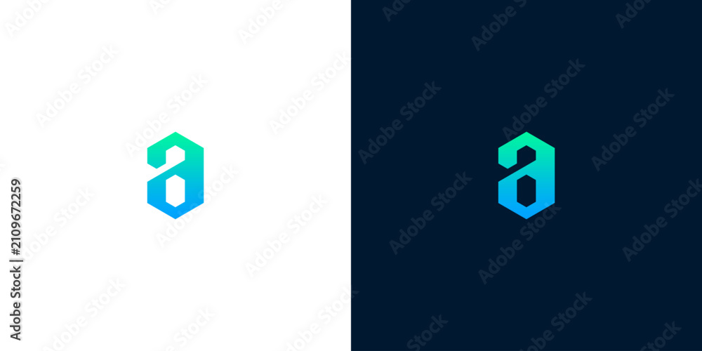Fototapeta premium Modern minimalist lowercase letter A monogram logo icon with hexagon shape and blue green gradient