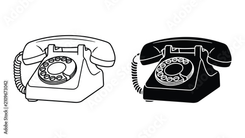 Fotografie Set of vintage rotary telephones, outline and silhouette style icons