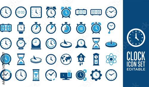 Slika na platnu Comprehensive collection of timekeeping and clock icons in blue