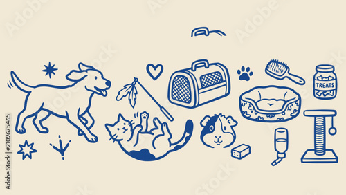 Obraz na płótnie Pet care illustration with dogs cats guinea pig toys treats and accessories in p