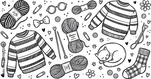 Foto Cozy winter knitting doodle vector illustration elements set featuring yarn skeins striped sweaters knitting needles sleeping cat and warm plaid socks
