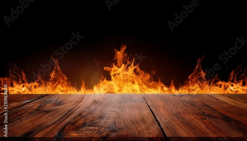 Wood Table With Flame Effect On Dark Background