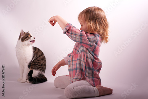 Foto a girl who loves to play with animals and feed them, especially cats