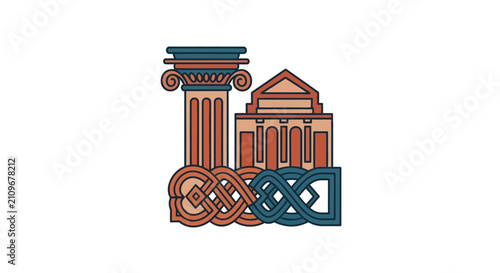 Classic Greek Architectural Temple Icon with Intricate Celtic Knotwork Design.