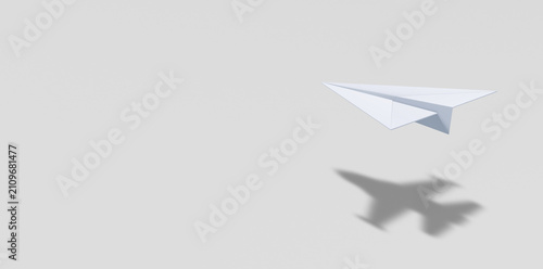 Big idea, startup and motivation concept. Paper Airplane Casting Fighter Jet Shadow on white background.