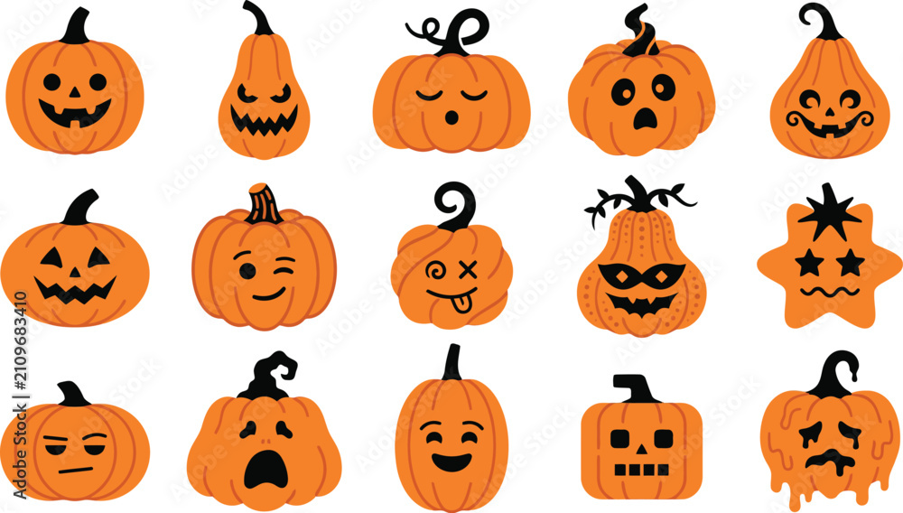 Obraz premium A collection of various hand drawn orange pumpkins with different funny and spooky carved faces for halloween holiday design