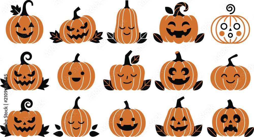 Fototapeta premium Set of cute hand drawn pumpkins with various funny and spooky faces for halloween holiday design elements collection