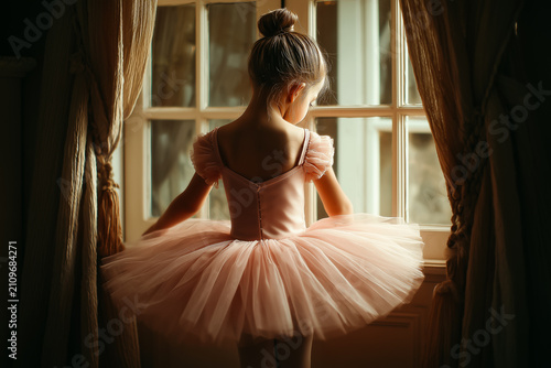 Young Ballerina Girl In A Pink Tutu Standing By A Window With Golden Sunlight And Elegant Curtains