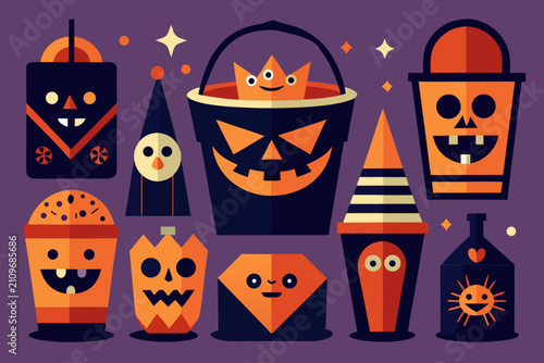 Set of cute halloween vector icons with pumpkins, ghosts, and trickortreat buckets in flat geometric style