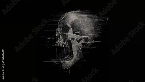 Digital Skull Illustration with Glitch Effects on Black Background