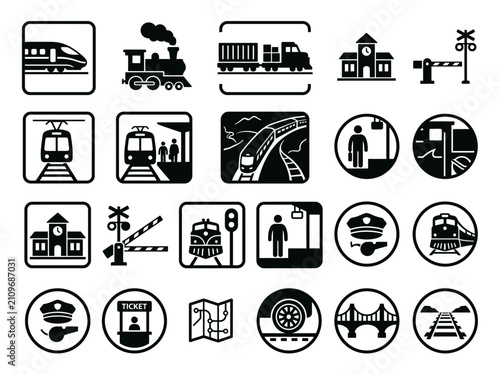 Collection of Train and Railway Icons: Modern and Classic Transport Symbols