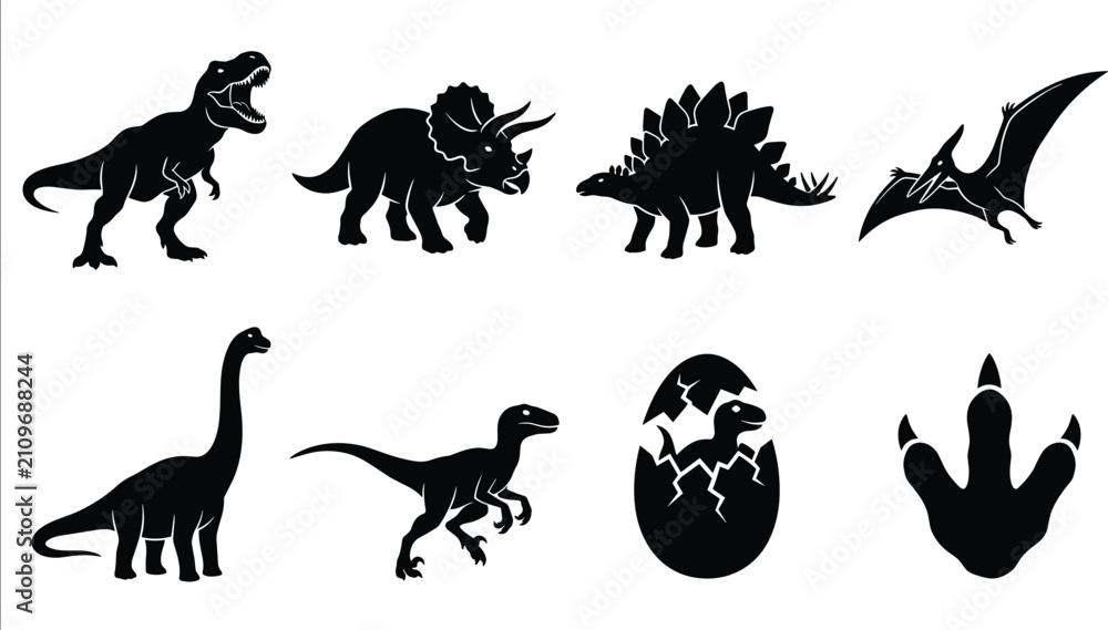 Obraz premium Set of black and white dinosaur icons featuring various prehistoric species and footprint vector illustration
