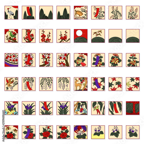 ステッカー風の正方形花札イラストアイコンセット（背景なし）