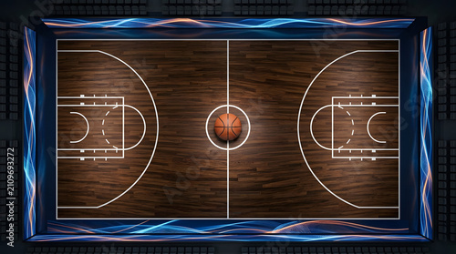 Basketball Game Overview, Court Design, Indoor Arena, High-Quality Illustration, Dynamic Environment, Aerial View, Sports Concept
