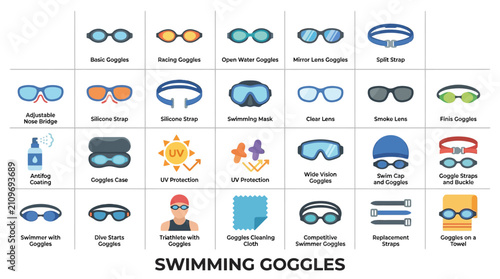 Colorful swimming goggles and pool equipment icon set.