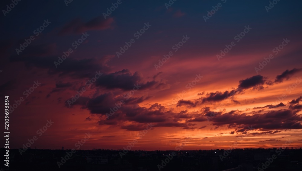 Fototapeta premium Vibrant Sunset Sky with Dramatic Clouds over a Cityscape