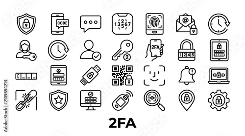 Cybersecurity 2FA outline icons for web and mobile