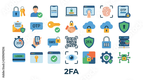Cyber security and 2FA authentication flat icon set