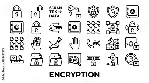 Cybersecurity and data encryption line icon collection.
