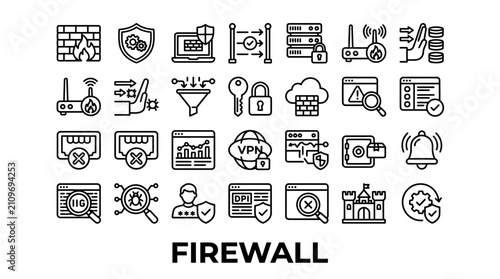 Cybersecurity and firewall protection thin line icons