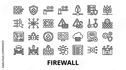 Cyber security and network firewall outline icons