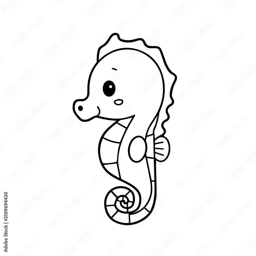 Fototapeta premium Cute Kawaii Baby Seahorse Coloring Page Black and White Line Art for Kids