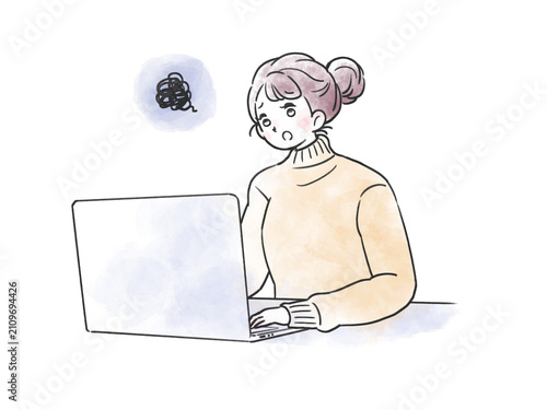 Bild auf Leinwand ノートパソコンを使う水彩風の困り顔の女性のイラスト