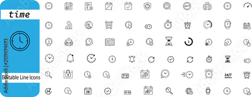 Isolated Minimalist time and clock line icons set, editable stroke timer and calendar symbols, professional productivity and scheduling vector elements ,Clean grouped each Icon