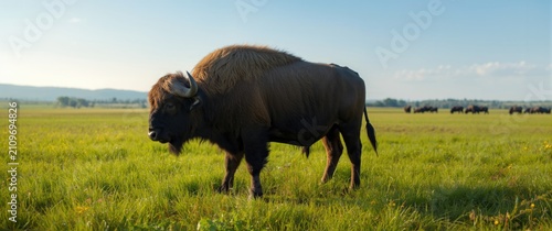 Canvas Print Bison Standing in a Sunlit Meadow with Mountains in Background