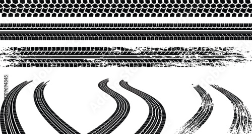Cuadro en lienzo Black Tire Track Vector Set with Detailed Protector Patterns Curved Skid Marks a