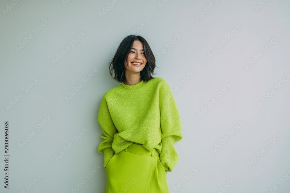 Fototapeta premium A smiling woman in a vibrant green outfit poses against a minimalist background showcasing modern fashion trends and personal style through playful color choices. Generative AI